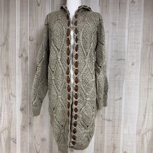 POL Women'sDiamondEyelet Tan SweaterCardiganDuster ElbowPatches Boho Small